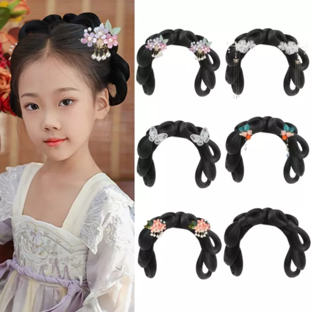 Ancient Style Headwear Children Hanfu Wigs Flower Tassel Antique Hair Bun