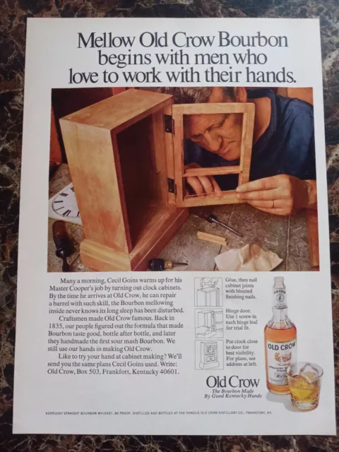 Old Crow Bourbon Whiskey Woodworker Clock Cabinet 1971 Vintage Print Ad