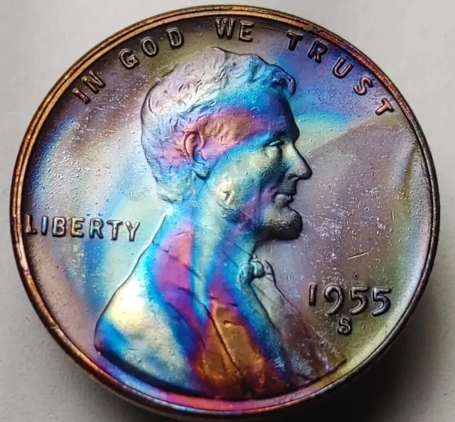 1955s wheat penny monster toned one cent unc us coin Lincoln wheat cent #351