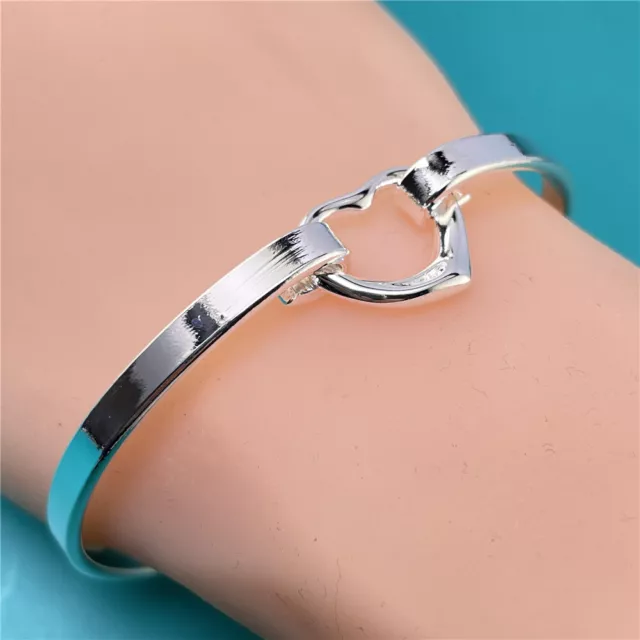 925 Silver Charm Heart Bangles Bracelet Womens Fashion Open Bangle Jewelry YB031