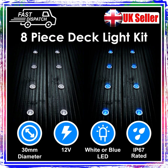 Wickes 8 Piece Deck Light Kit 30Mm White Or Blue Led Ip67 12V Low Voltage Plinth