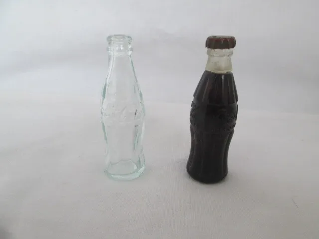 Vintage Miniature Coca Cola Bottles Plastic With Metal Cap & Coke Glass Bottle