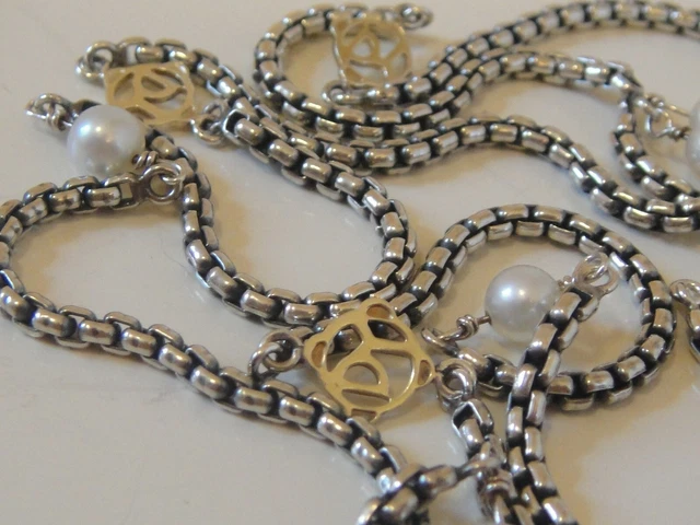$1125 David Yurman 14K Gold Silver Pearl , Dy Logo Box Chain Necklace 32"