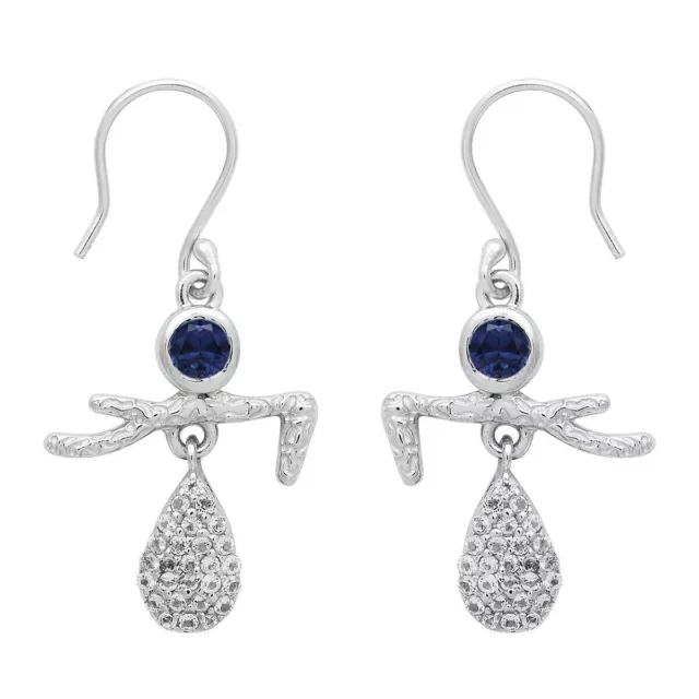 Art Deco 4MM Round Blue Sapphire 925 Sterling Silver Dancing Girls Earrings