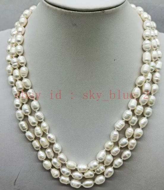 3 Row Beautiful 8-9mm White Freshwater Cultured Rice Pearl Necklace 18-20"