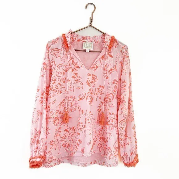 Sail to Sable Womens Small Coral Pink Floral Voile Cotton Tassel Boho Shirt