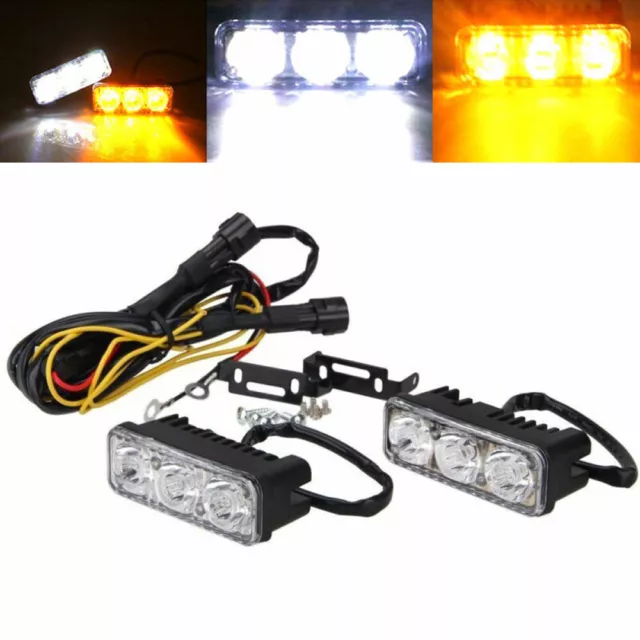 2pcs Voiture Feux Diurnes 3LED Blanc DRL Ambre Clignotant Avant Brouillard Lampe