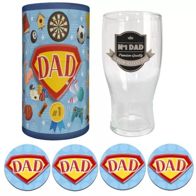 Fathers Day Pint Glass Gift Set For Dad, Step Dad - No.1 Beer-illiant Dad