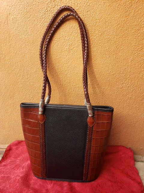 Brighton Leather Handbag Purse Tote Croc Embossed Black Brown Bucket Bag 9.5"