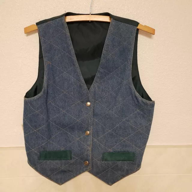 Vintage Western Frontier Quilted Denim Vest Size Med. Blue Jean Arizona Co Suede