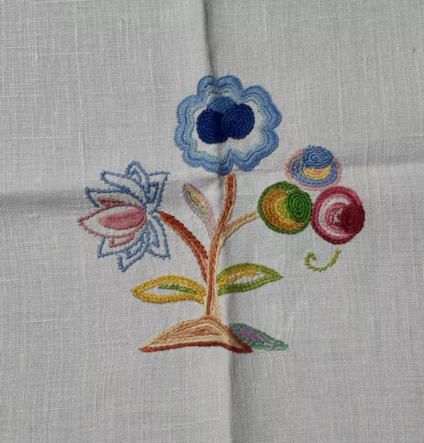 Linen Tablecloth Vintage Hand Embroidered Bright, Bold Floral Design 1950's