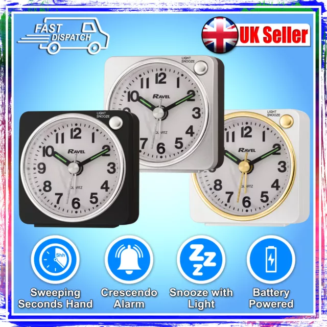 Ravel Quartz Mini Travel Alarm Clock Rc018 Silent Sweep Black Silver White - New