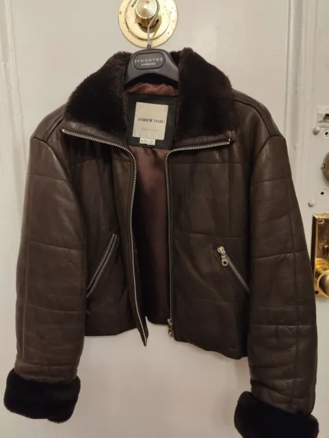 Vintage Andrew Marc New York Brown Leather Bomber Jacket