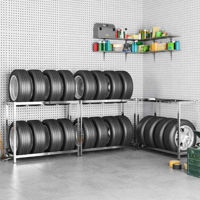 Vidaxl Portapneumatici a 2 Livelli 3pz Argento 110x40x110cm in Acciaio