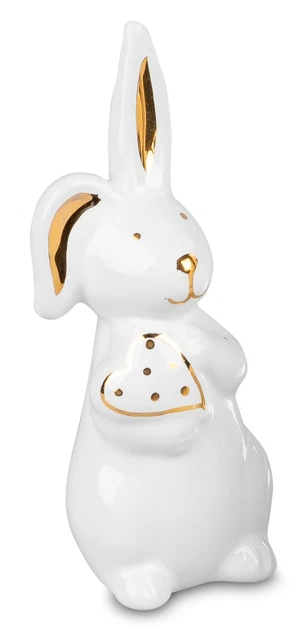 Coniglio di Pasqua con Oro Cuore Figura da Giardino Decorazione Bianco IN Piedi