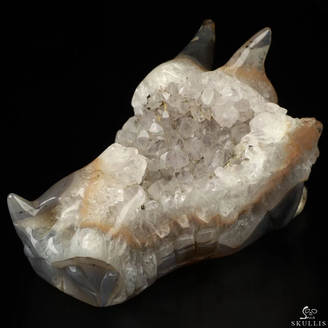 4.4" Agate Geode Hand Carved Crystal Dragon Skull Sculpture, Crystal Healing