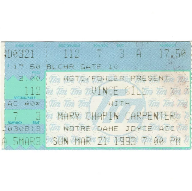 VINCE GILL MARY CHAPIN CARPENTER Concert Ticket Stub SOUTH BEND 1993 NOTRE DAME