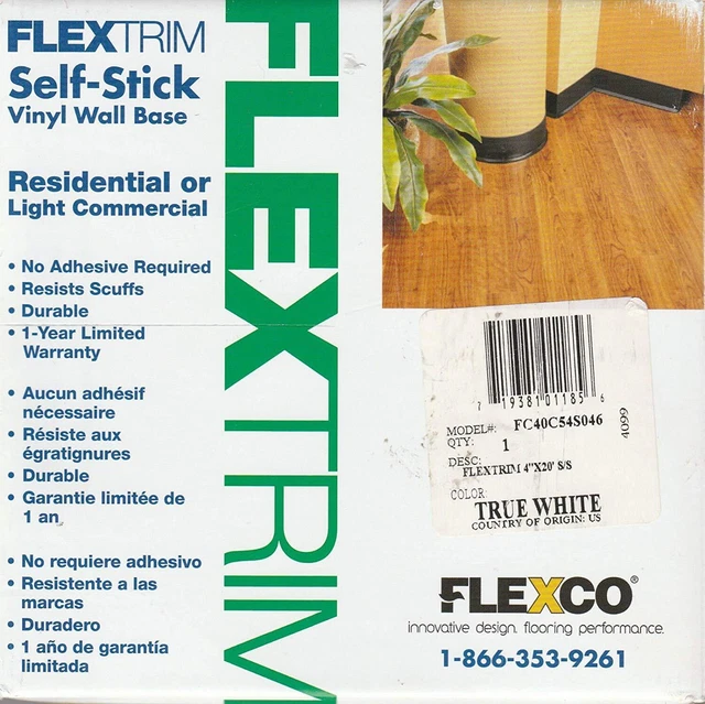 FlexTrim Self-Stick Vinyl Wall Base, 4" x20' True White