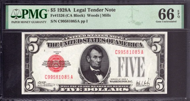 1928 A $5 Legal Tender Red Seal Note Ca Block Fr.1526 Pmg Gem Unc 66 Epq