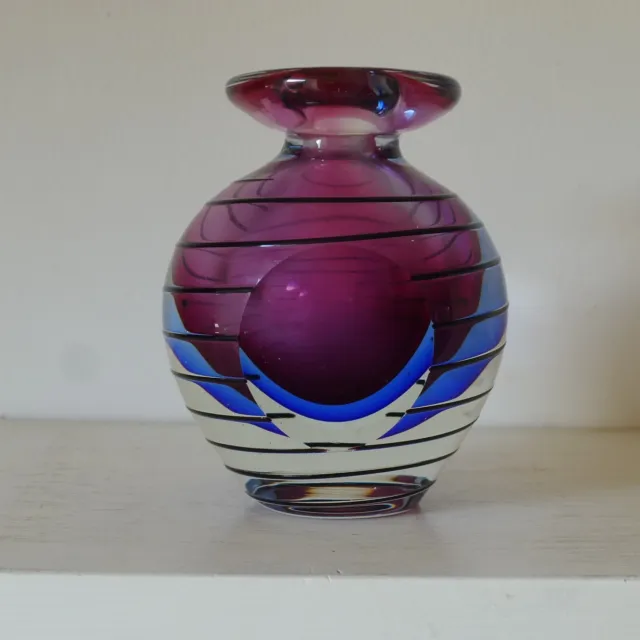 vintage Italian Art Glass faceted Globe Vase Cased clear pink blue + black trail