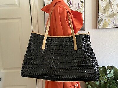 Botkier Woven Black Patent Leather W/Tan Leather Trim Tote Bag