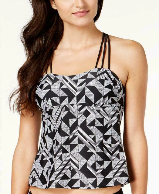 Hula Honey Junior Extra-Small Black Geometric Apron Tankini Swimsuit TOP NWT XS
