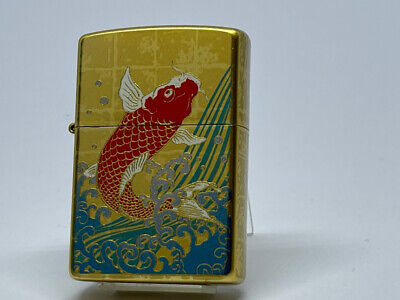 Zippo Carp Gold Lacquered Makie Brass Japanese Pattern Gold Tank Lighter Japan