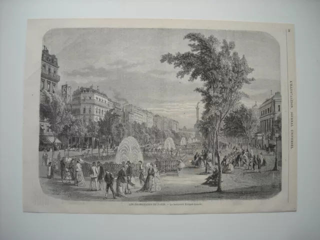 1870 Engraving.  Les Promenades De Paris.le Boulevard Richard-Lenoir. Explanatory..