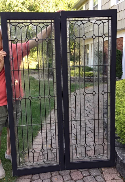 2 Antique PAIR LEADED GLASS DOORS (FRENCH DOORS) 74" BY 25" EACH