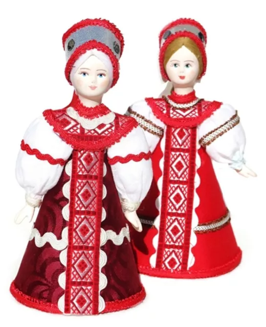 Russian Porcelain Doll in National Folk Red Sarafan Dress Costume and Headpiece