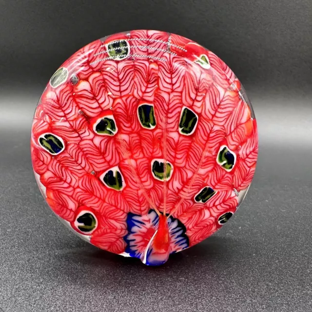 Blown Art Glass Peacock Millefiori Standing Paperweight Feathers Body Glows