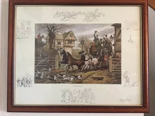 vintage framed glazed print of an old English horse and hound hunting scene