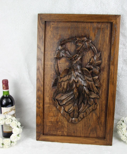 OLD german black forest oak wood carved wall plaque hunt bird panel