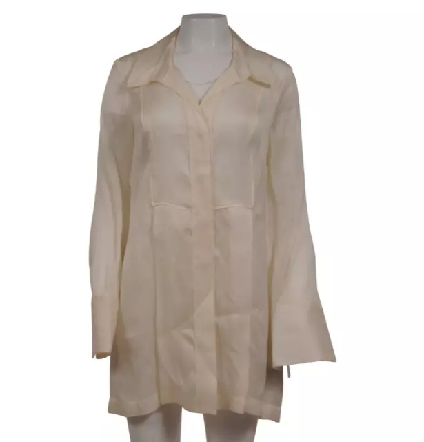 Donna Karan Womens Snap Button Down Shirt US 10 IT 44 Cream Silk Long Sleeve