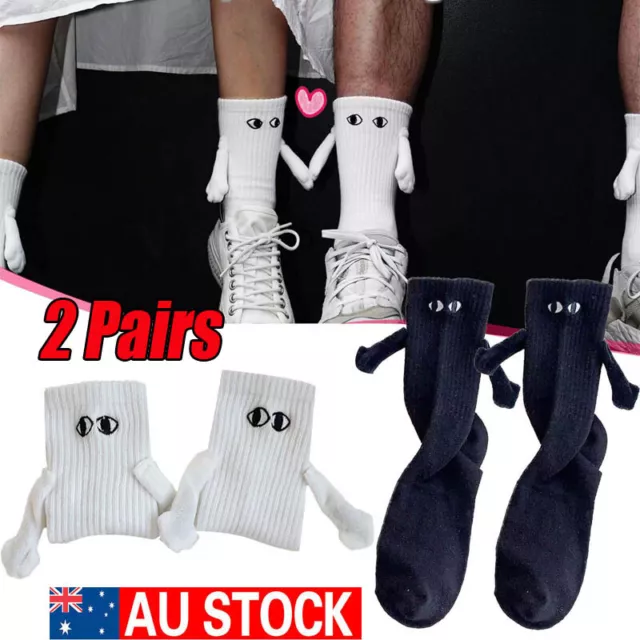 2 PAIRS Funny Magnetic Suction 3D Doll Couple Sock Holding Hand SockS for Couple