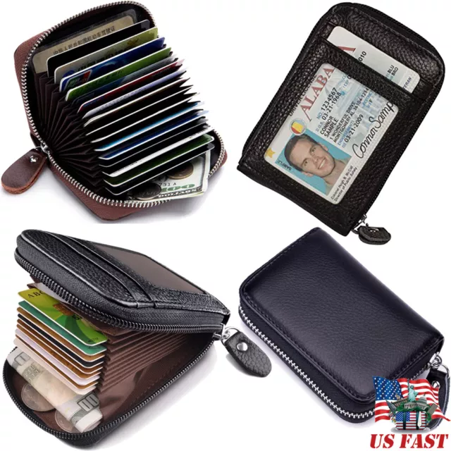 Men Womens Leather Credit Card Holder RFID-Blocking Pocket Wallet with ID Window