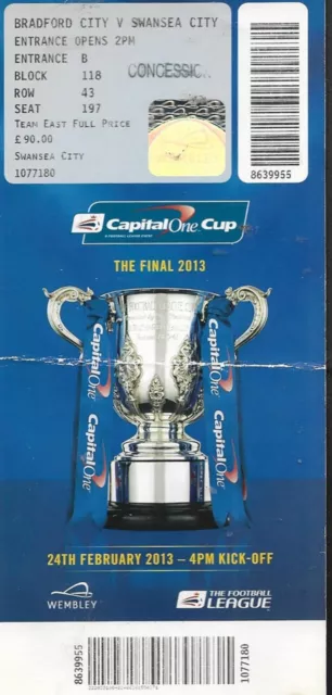 Bradford City v Swansea City. Ticket Stub. League Cup Final. 2012-2013