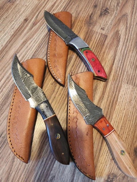 Hand Crafted Skinner Knife Damascus Ash Wood Brass Guard Lot of 3 Hiking