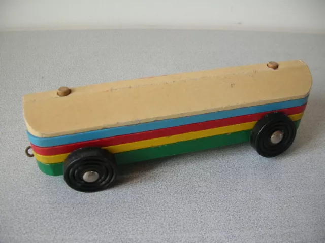 Ancien jouet jeu d'éveil bus autocar roue plastique et bois de 20 cm