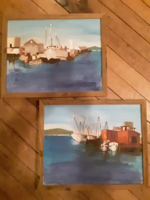 Set 2 Original Oil ? Paintings- Boats, Harbor, Nautical,-Rustic Wood Frames