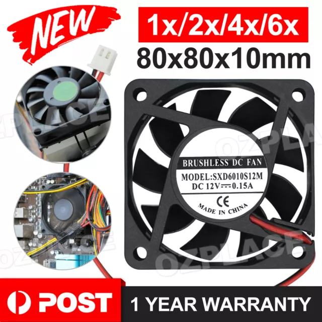 2X 80x80x10mm DC 12V Brushless Silent Computer PC Case Cooling Cooler Fans Black