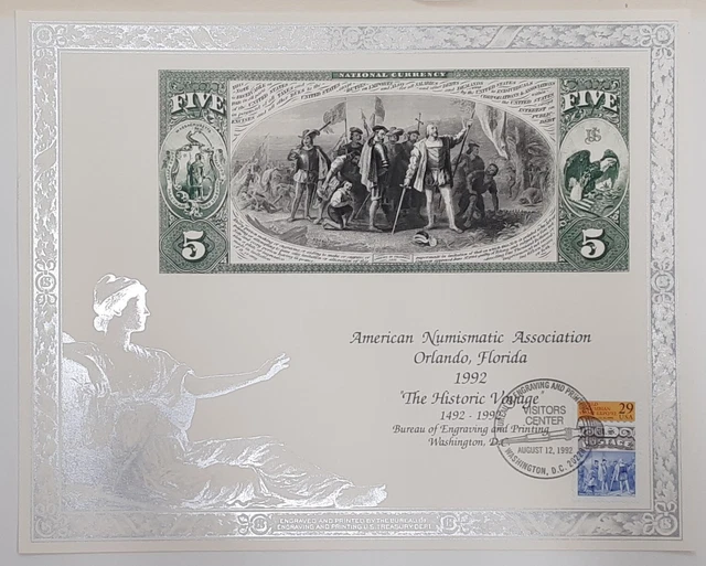 BEP Souvenir Card ANA 1992 Back 1865 $5 National Note Vis Ctr Cancel  B 159
