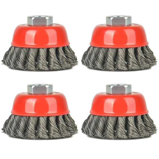4 pcs 3 Inch Knotted Wire Cup Brush Twisted Wire Brush For Grinders, 5/8" arbor