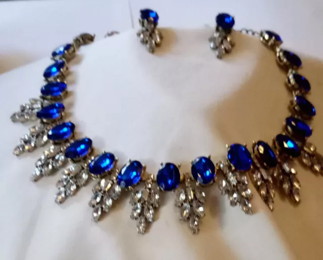 Bridal Jewelry Necklace Earrings Set Blue Clear Rhinestones 16" Silver Color