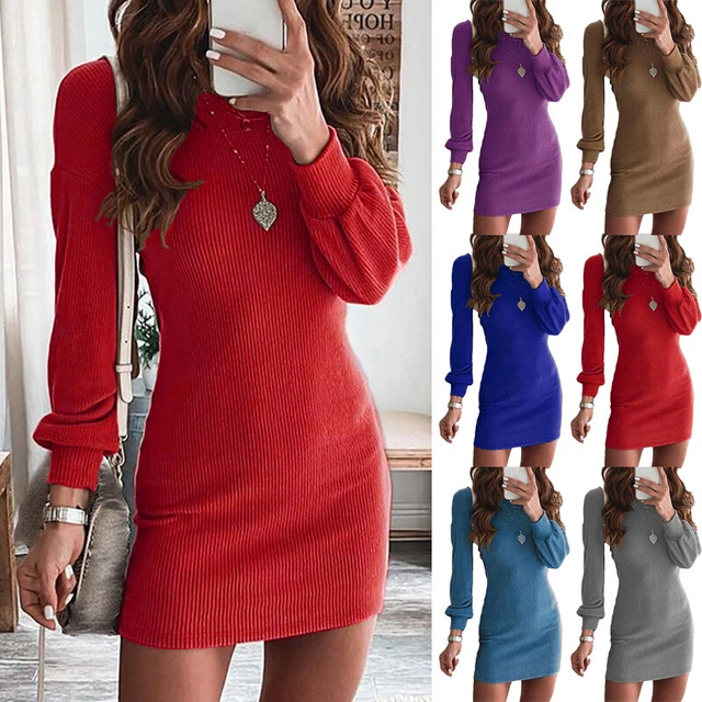Femme Manches Longues Dos-Nu Mini Robe Moulante Col Rond Pull Casual Clubwerar *