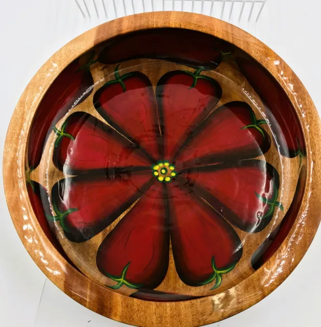 Large Hand Painted Wooden Bowl 12” Red Peppers Lacquered  Fruit Console Bowl 3