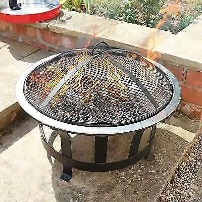 Outdoor Round Fire Pit Black Robust Steel Garden Heater with BBQ Grill and Lid