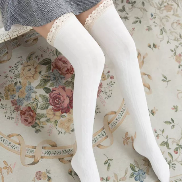 Women Warm Lace Long Cotton Stocking Nylon Lace Thigh High Socks (White) ZZ1