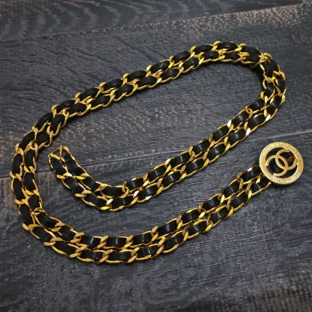 CHANEL GOLD PLATED Black Leather CC Logos Charm Vintage Chain Belt