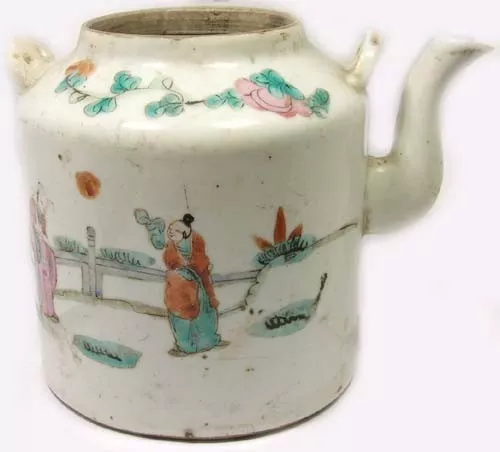 Antique 19th Century China Hand Painted Famille Rose Porcelain Teapot Park Motif 2